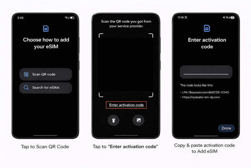 Manual activation code entry screen on Samsung device