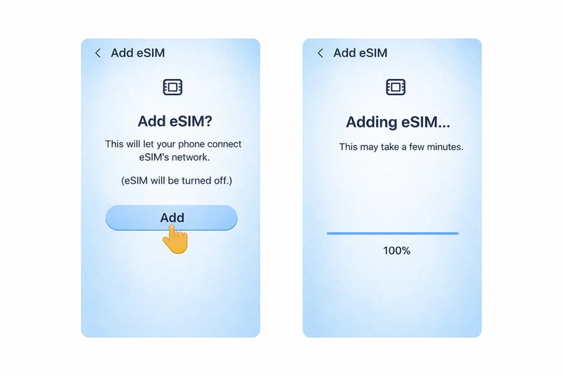 eSIM activation confirmation screen with Add button