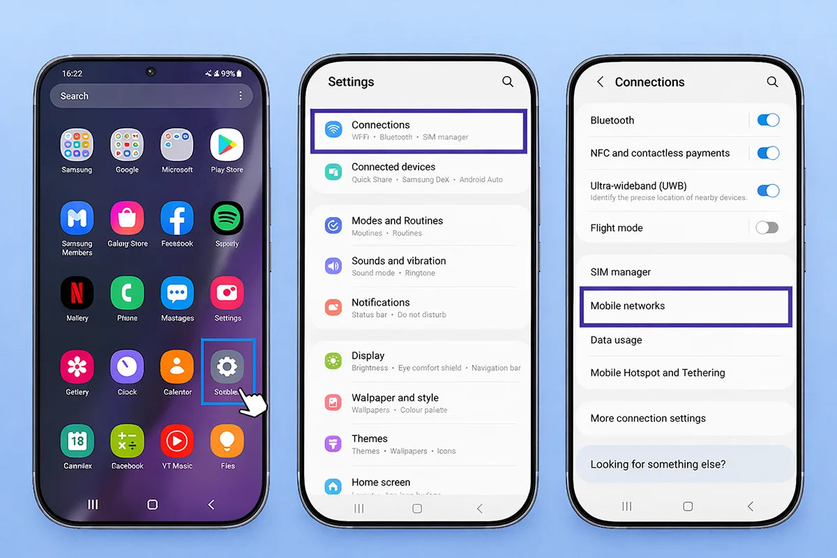 Android Settings screen showing Connections and Mobile networks menu