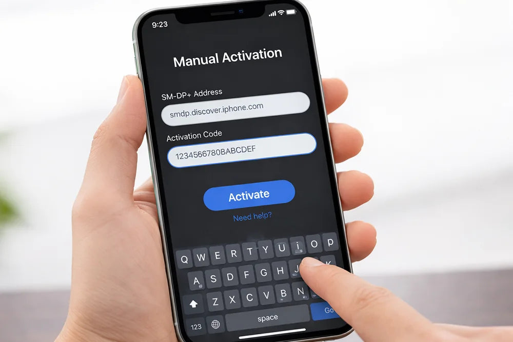 Enter the SM-DP+ address and activation code manually on iPhone