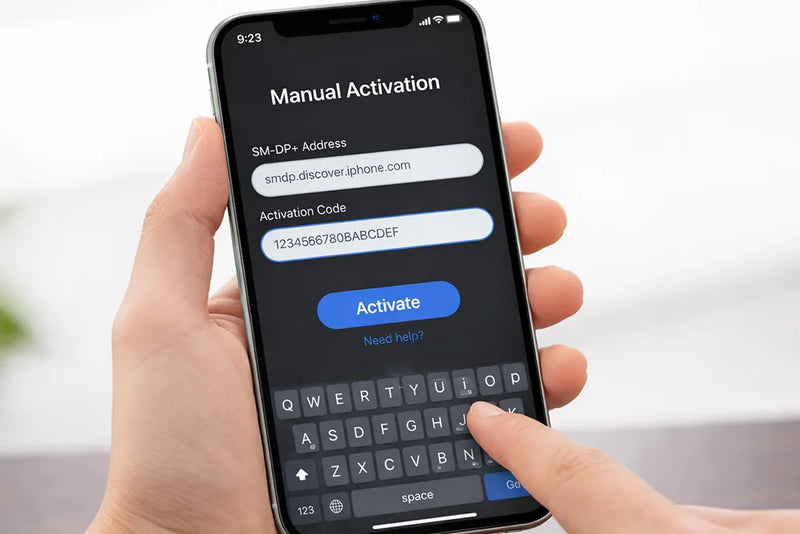 iPhone manual eSIM entry screen with SM-DP+ address and activation code fields