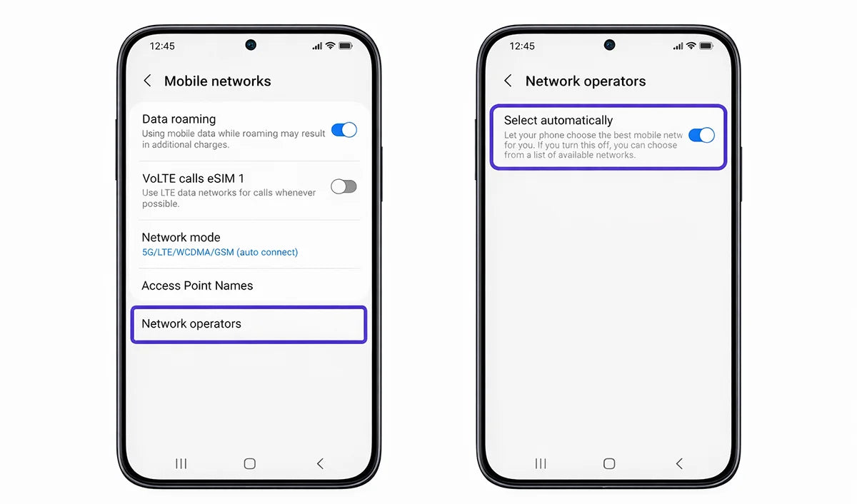 Android Mobile networks screen with Network operators option highlighted