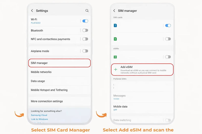 SIM Manager screen with Add mobile plan button highlighted