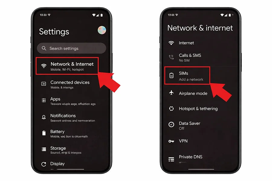 Navigate to Network & internet, then SIMs or Add SIM