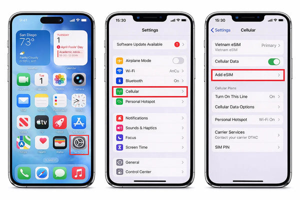 iPhone step 2: Navigate to Settings, Cellular, Add eSIM