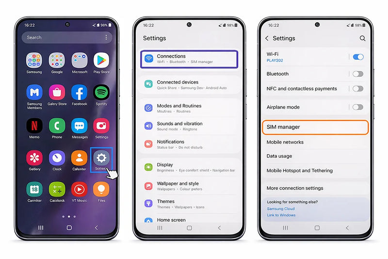 Samsung Settings menu showing Connections and SIM Manager options