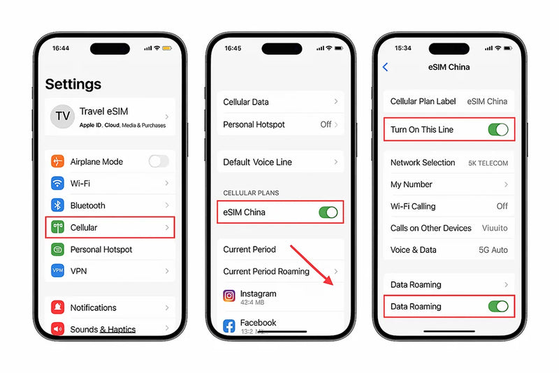 Enable Data Roaming for the travel eSIM on iPhone