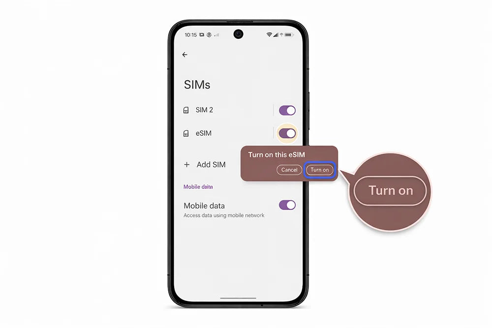 Turn on the new eSIM in SIMs settings