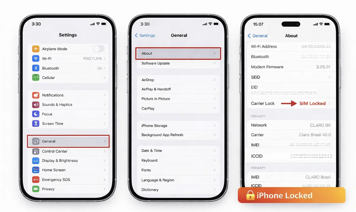 iPhone About screen showing SIM restrictions message