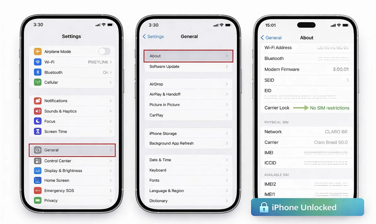 iPhone About screen displaying Network Provider Lock and Digital SIM information