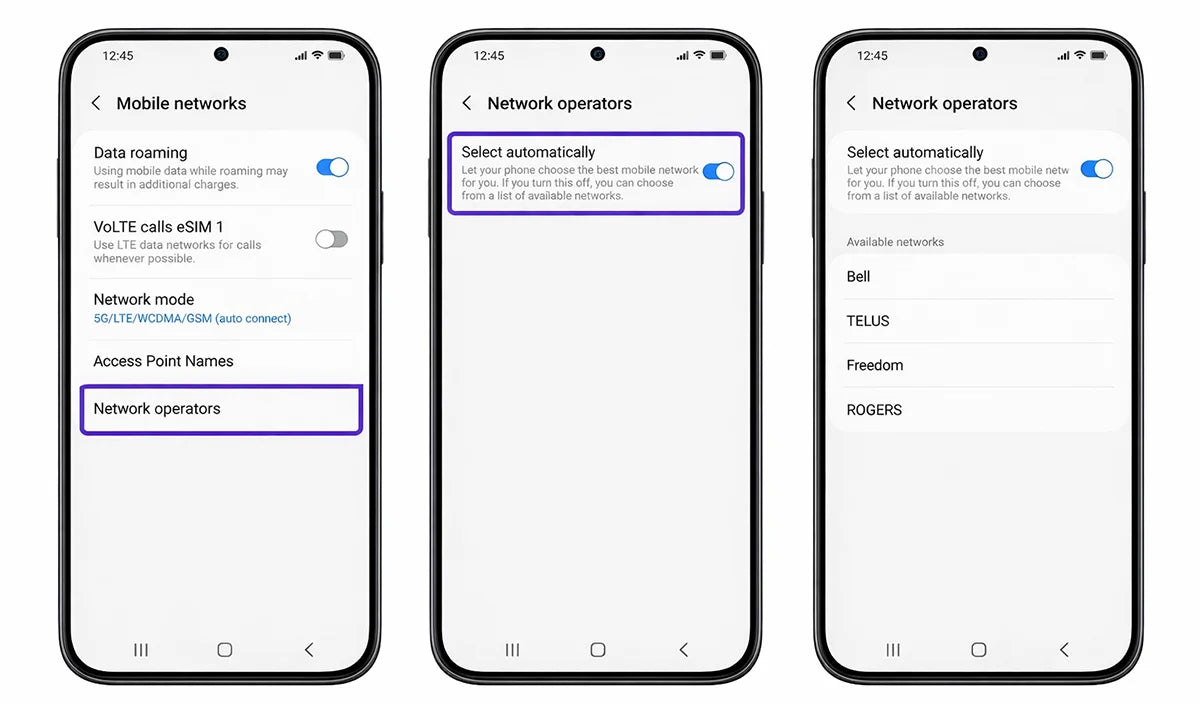 Android Network operators screen showing multiple available networks