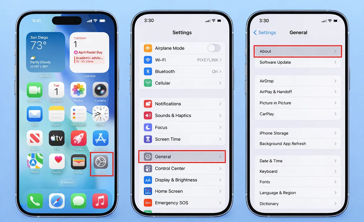 iPhone Settings screen showing General and About menu options